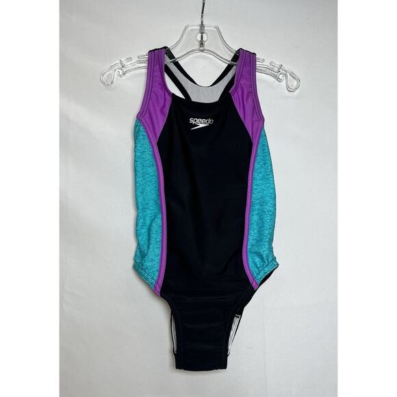 NWT SPEEDO One Piece Athletic Fully UnderLined Blk/Prpl/Grn Swimsuit, XS 4/5